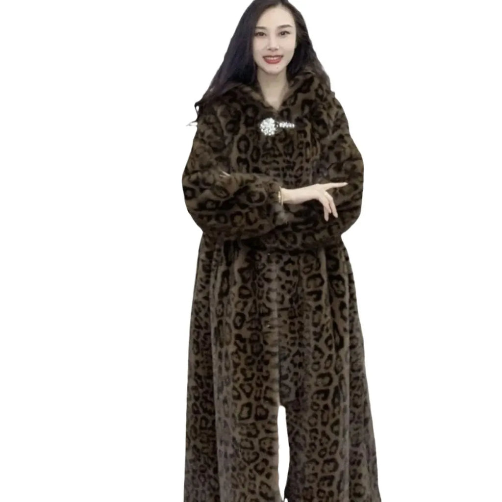 Plus size brown leopard print faux fur coat with 100cm length and regular sleeves