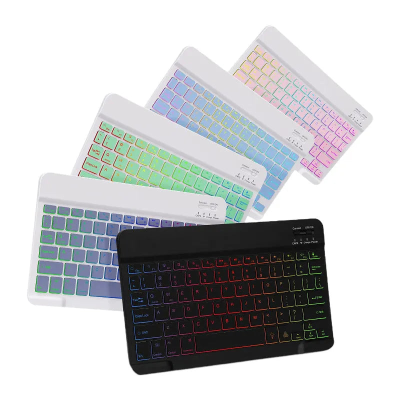 iPad in a black TPU protective case with an attached luminous RGB backlit Bluetooth keyboard, showing the built-in stand.