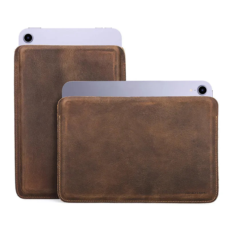 Brown genuine leather iPad protective case in horizontal orientation handmade anti-fall cover
