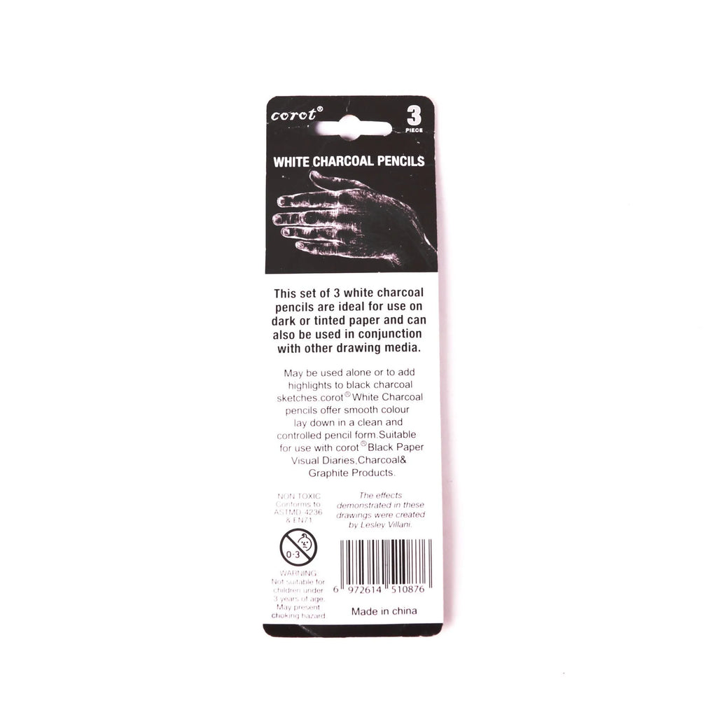 Three white charcoal pencils in wooden casings for drawing highlights on dark paper