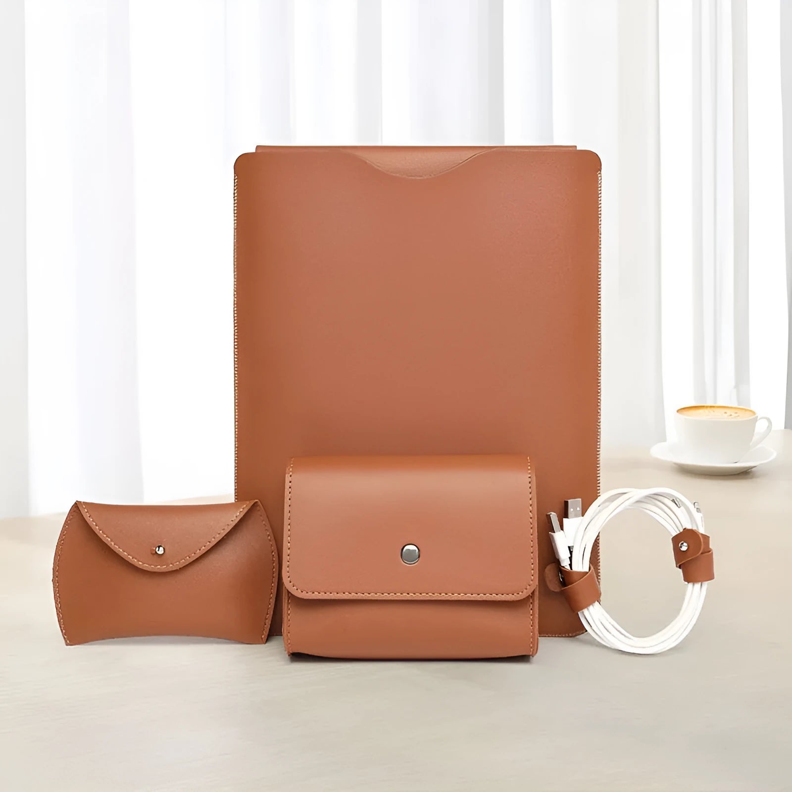 Four-piece set of brown, grey, apricot, and light pink leather-look laptop covers with lock edge design