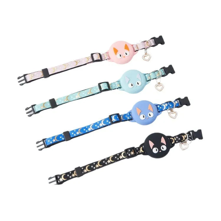 Apple AirTag protective case for cat collars in pink, blue, light green, and black colours showing S and M size options.