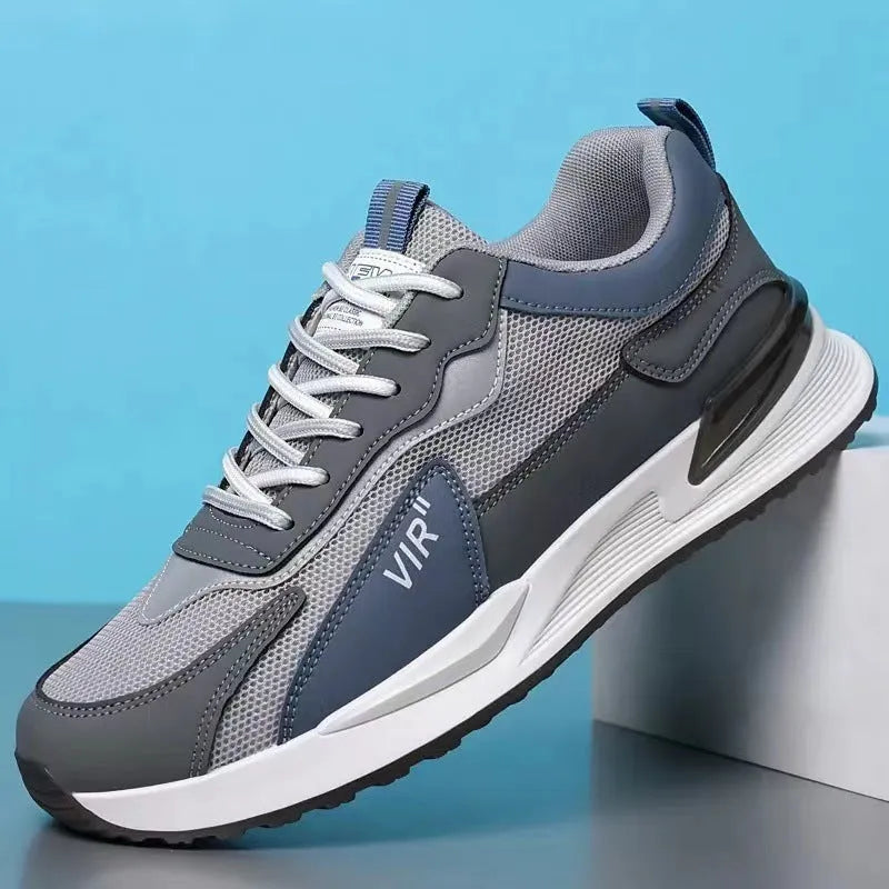 Men's colour block mesh running shoes in low-top design with lace-up front.