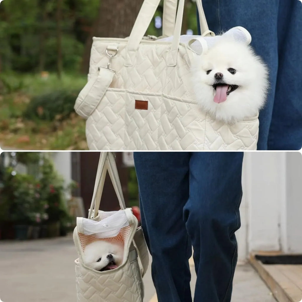 Grey pet carrier handbag with mesh panels and a safety cord, shown next to a white version.