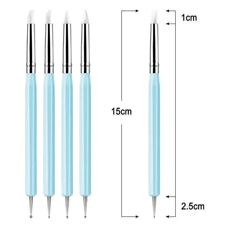 Five blue silicone double point drill pens in a manicure and painting pen set for nail art and craft use