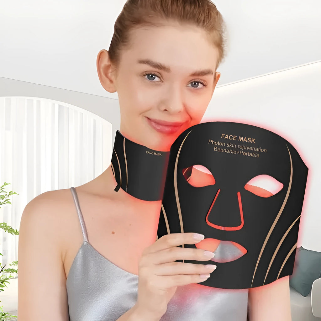 Black and gold IPL facial mask beauty instrument with silicone construction and headband touch controls
