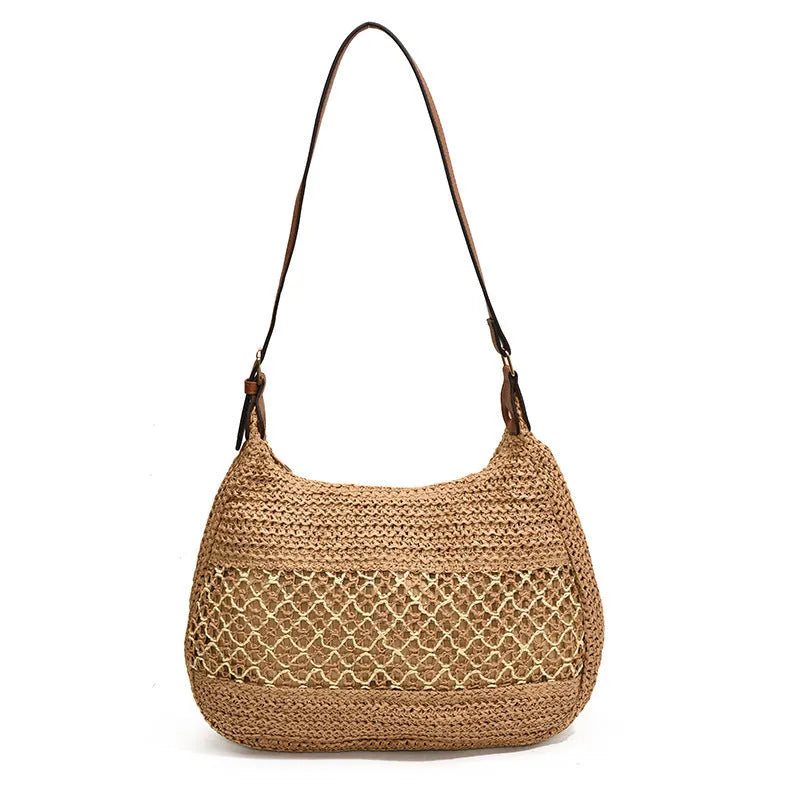 Women's straw cross body bag in horizontal square shape with sandwich pocket, khaki colour option