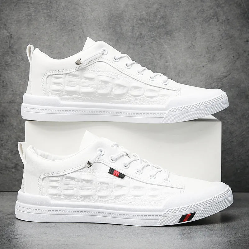 White men's casual sneakers with round toe and lace-up closure on rubber sole