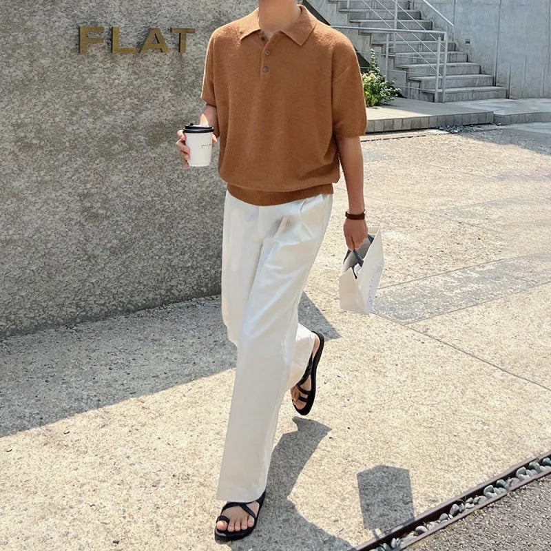 Retro knitted polo shirt for men with asymmetric design in caramel colour