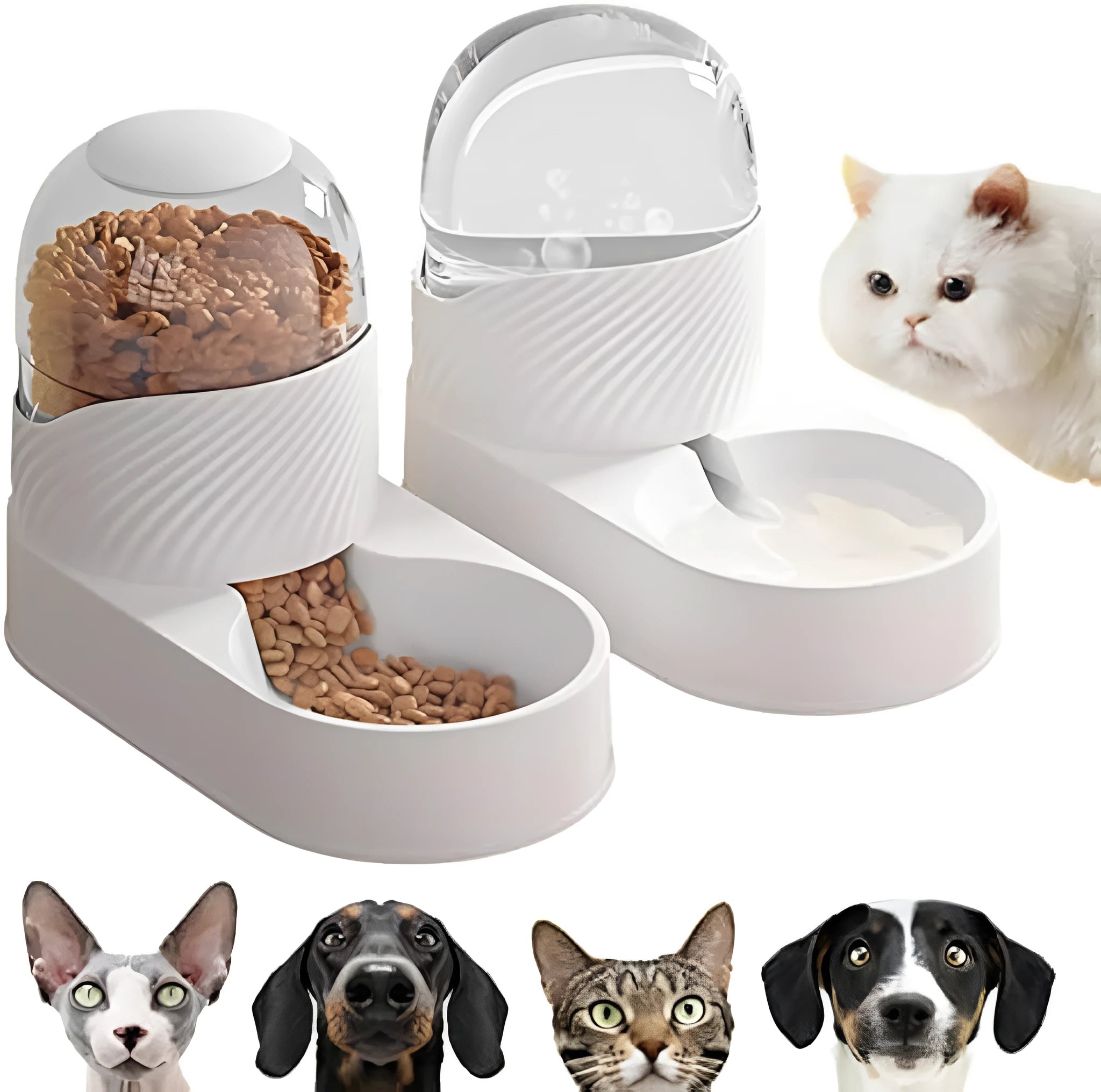 White automatic cat feeder and water dispenser set with wave-shaped design, two 2L bowls.