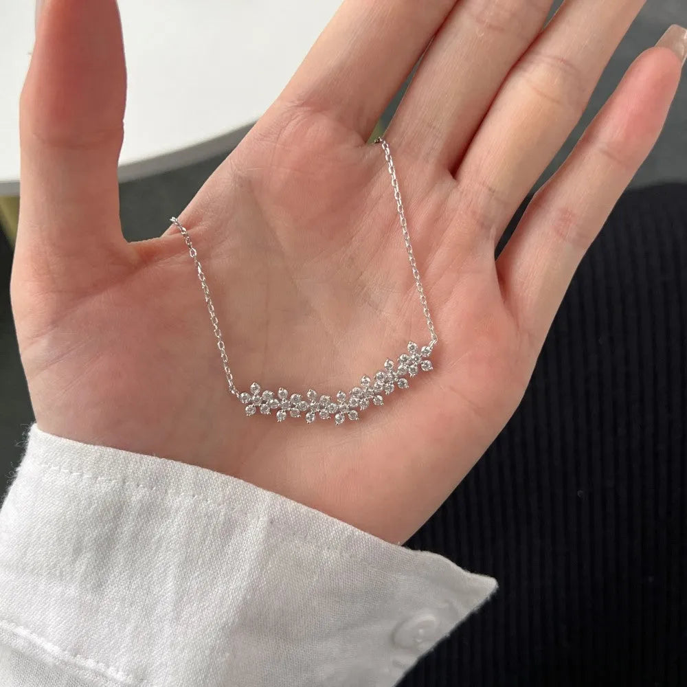 925 silver five petal flower zircon necklace platinum finish women's pendant