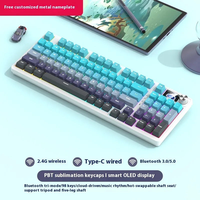 98-key wireless Bluetooth mechanical keyboard kit with metal control knob and multiple colour options
