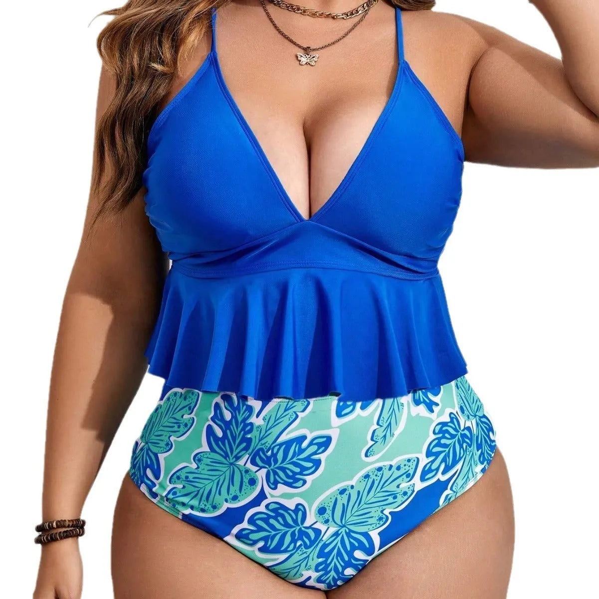Blue plus size women's bikini set with brief shorts, shown on a mannequin.