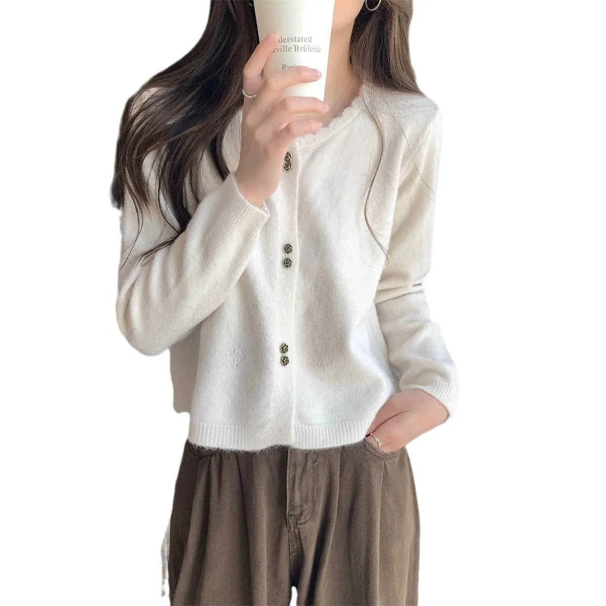 Women's long-sleeved acrylic cardigan coat in milky white colour, regular fit.