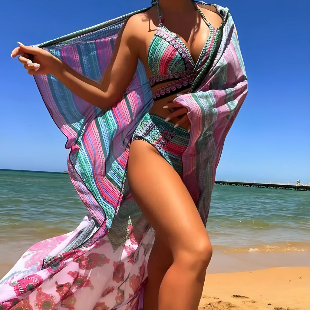 Women's three-piece cross bandage swimsuit with high waist and veil split detail in blue colour variant