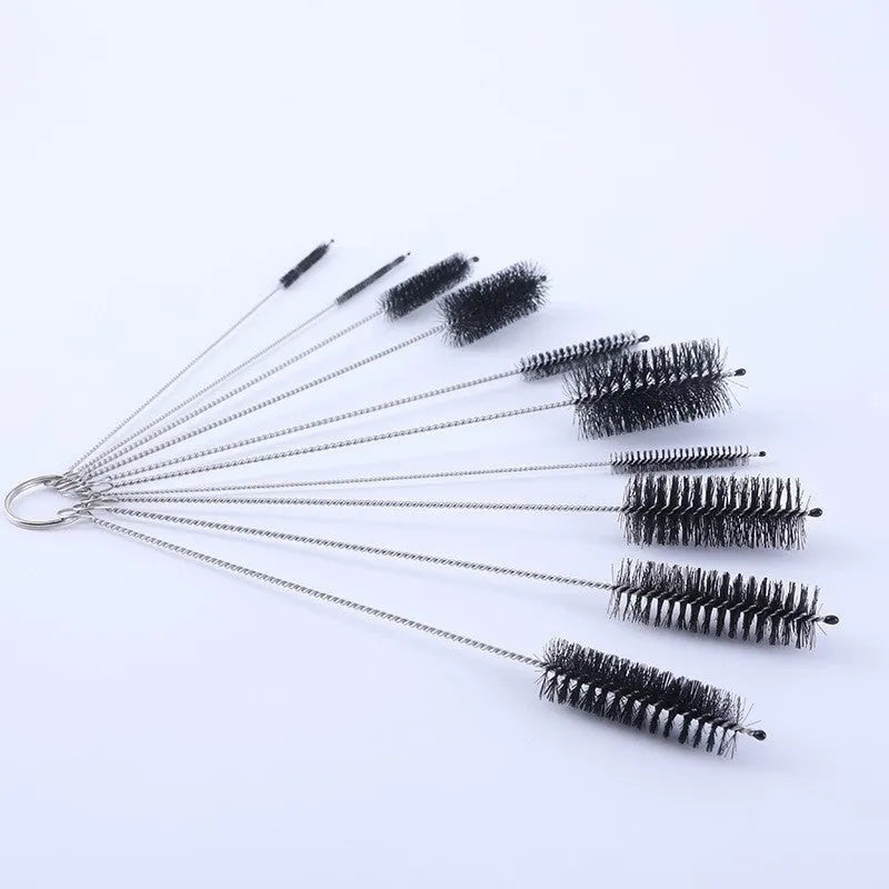 Nylon straw cleaning brush set with stainless steel handles and nylon bristles, 8 to 12 piece packs, white or black options.