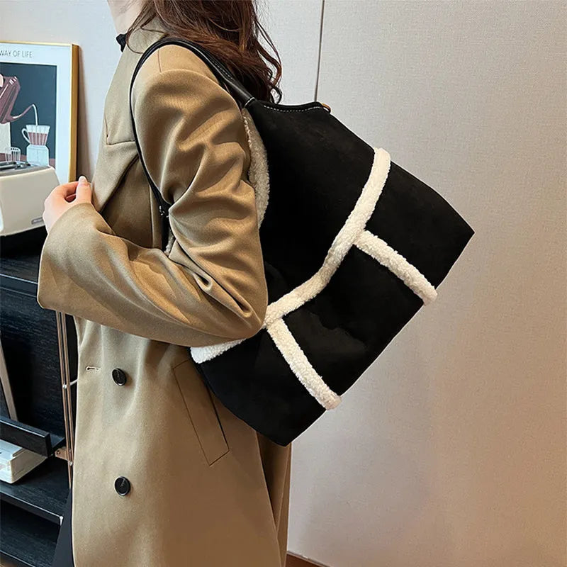 2pcs women's plush tote shoulder bag, large capacity suede-style handbag, black or brown, PU outer, polyester lining