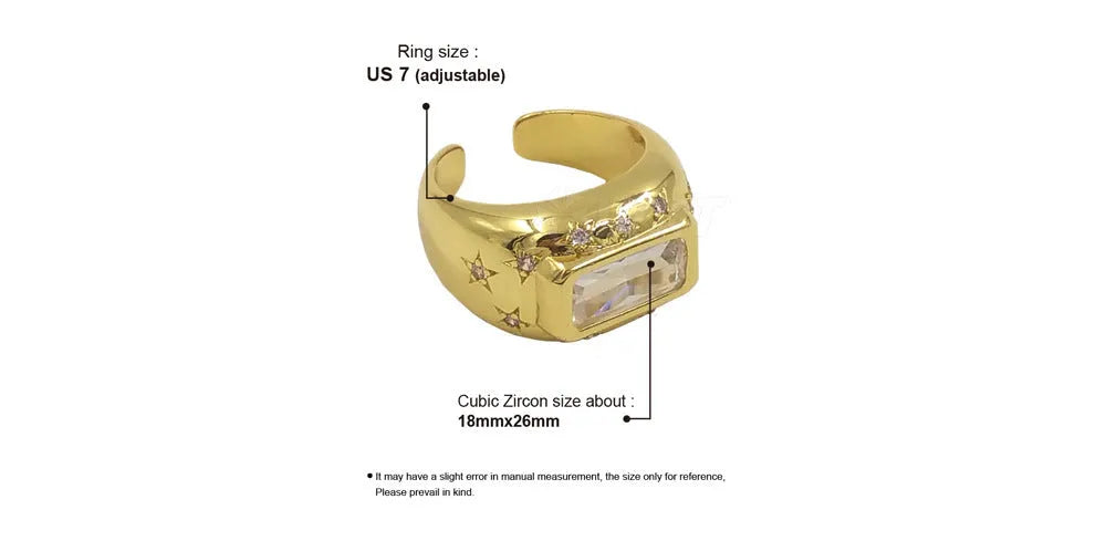 Gold and silver colour copper open ring with rectangular zircon inlay and drop-shaped double ring design