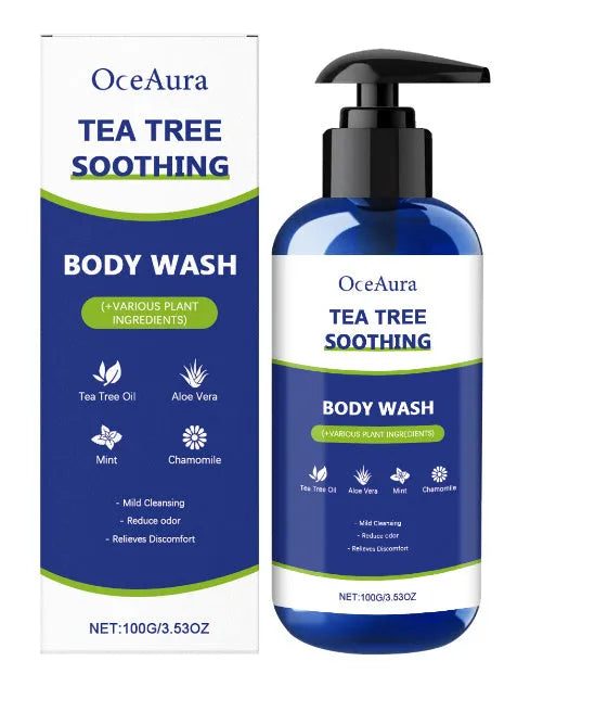 Tea Tree Soothing Shower Gel 100g – gentle body wash packaging with botanical extracts and mild cleansing formula