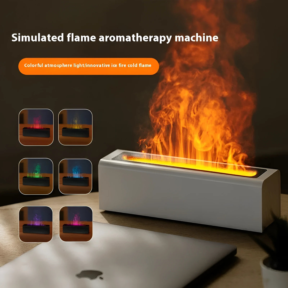 Square black and white USB aroma diffuser humidifier with colourful simulated flame lighting effect.