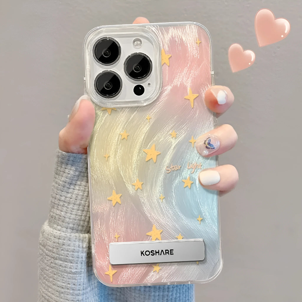 iPhone 15 and 16 PC phone case with smudging star bow bracket, Silver Bow or Silver Pink Butterfly