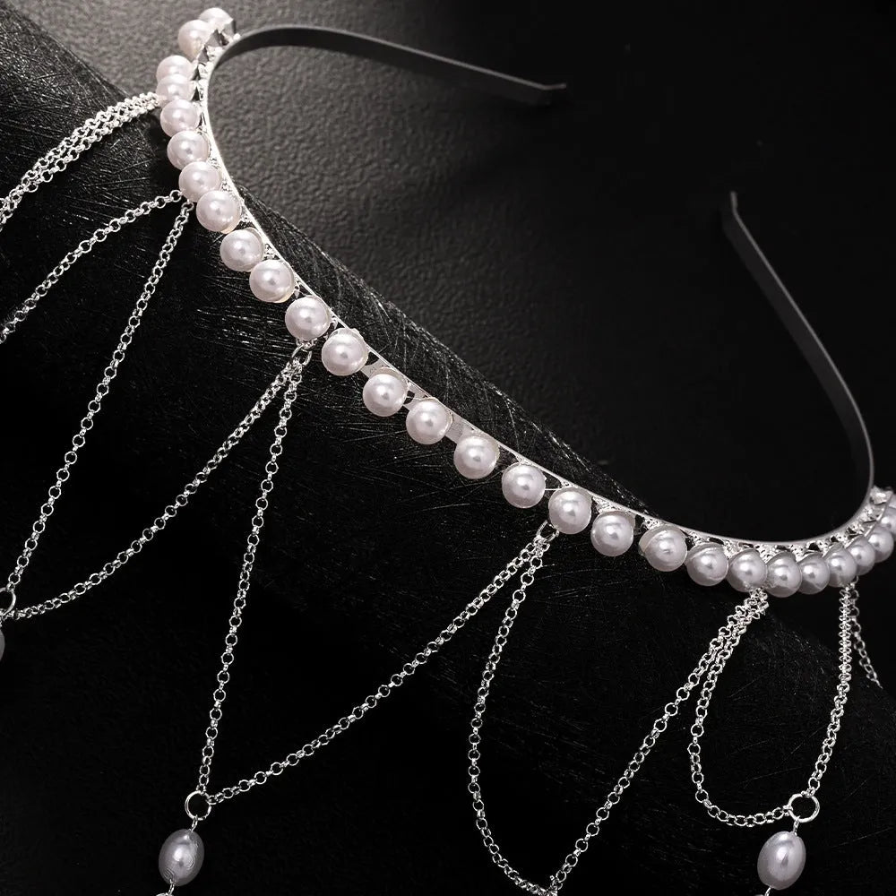 Women's pearl tassel hair chain accessory in gold or silver colour with adjustable band