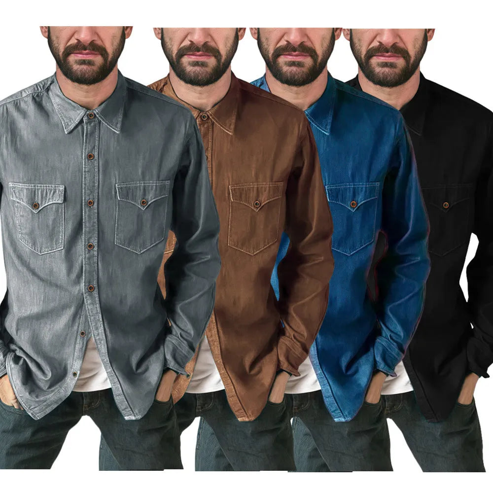 Men's cotton denim cardigan coat in regular fit available in black blue gray and khaki colors