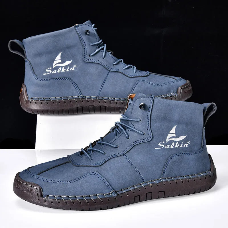 Beige high-top retro casual boots with elastic band and flat rubber sole.