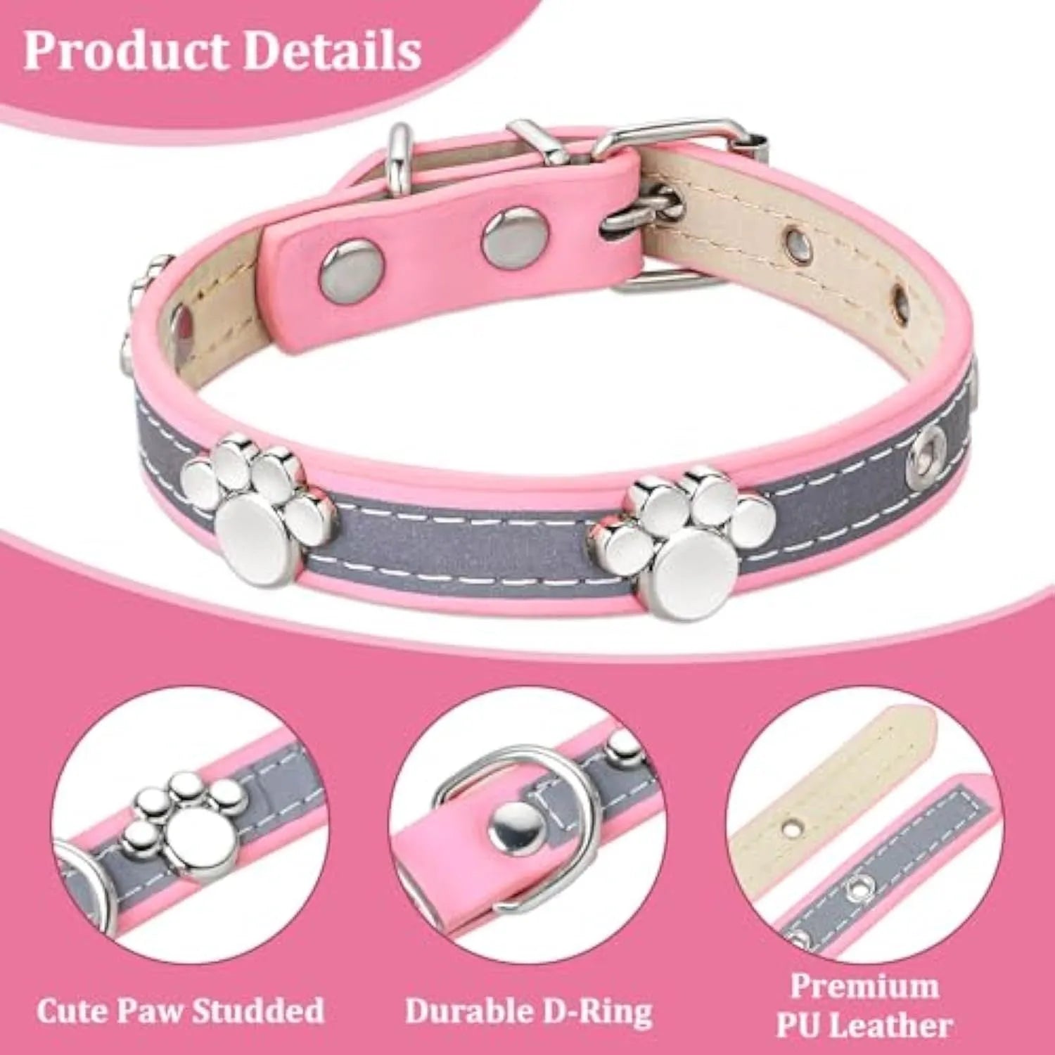 Reflective leather dog collar with a metal paw rivet, shown on an adjustable buckle.