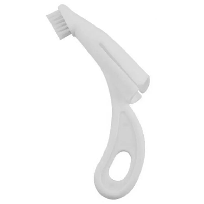 Red and white finger toothbrushes for pet dental cleaning with silicone bristles
