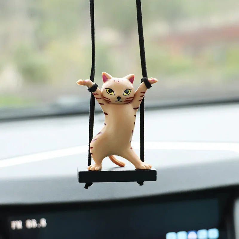 Resin cartoon cat pendant on a 25cm rope for car rear-view mirror decoration.