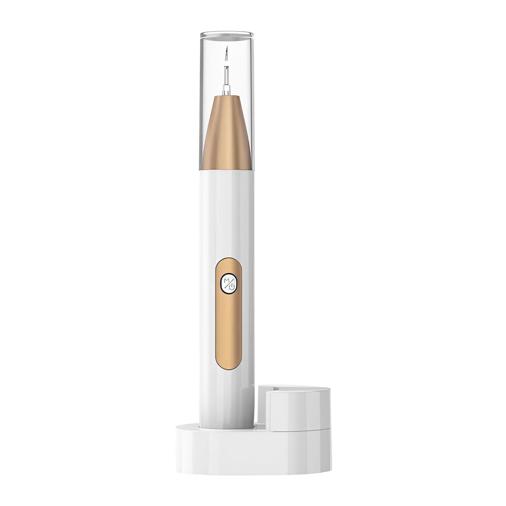 Gold-coloured ultrasonic tooth cleaning device for removing tartar and stains.