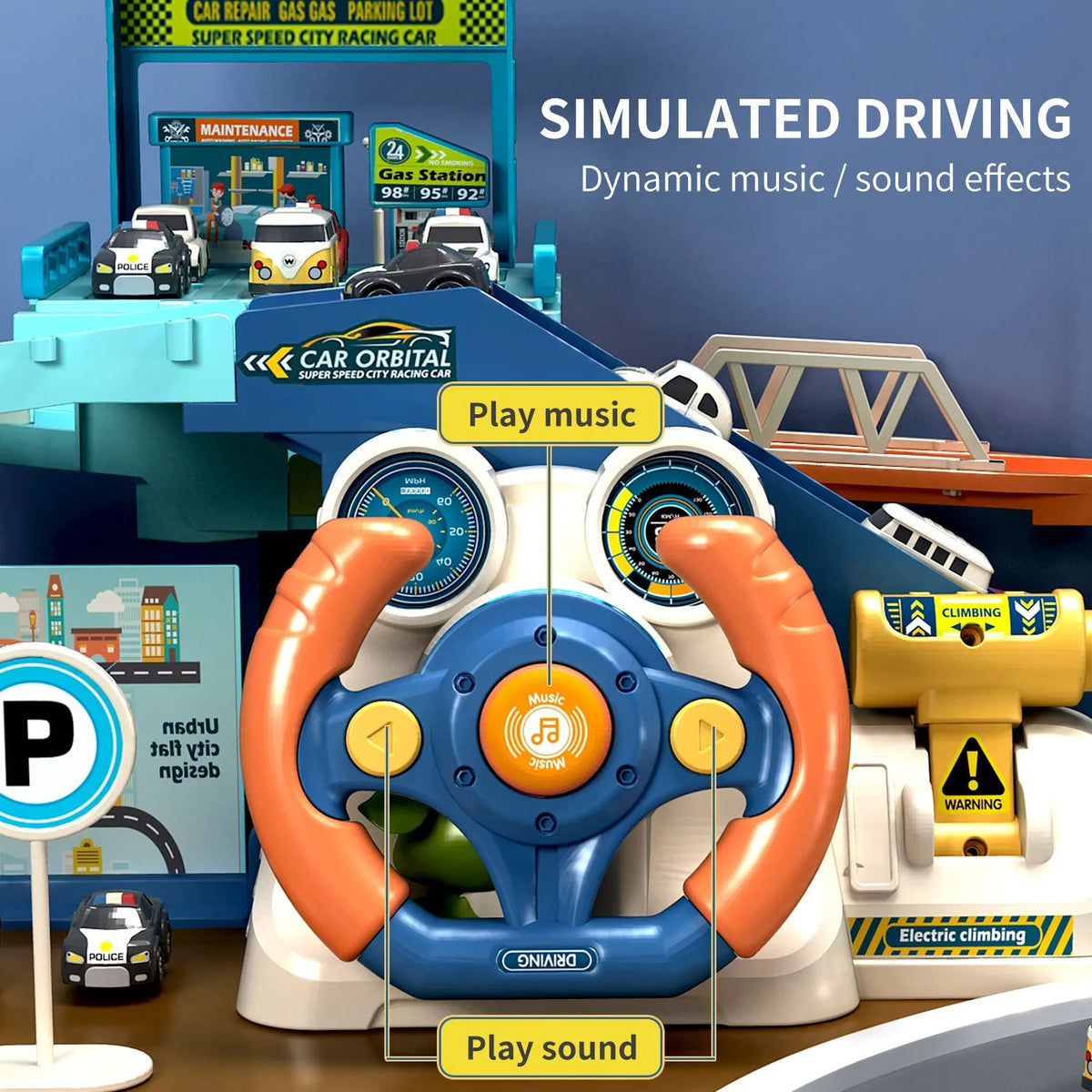 Children's steering wheel toy car building parking lot set with rail car, plastic, dual mode, ages 4-6