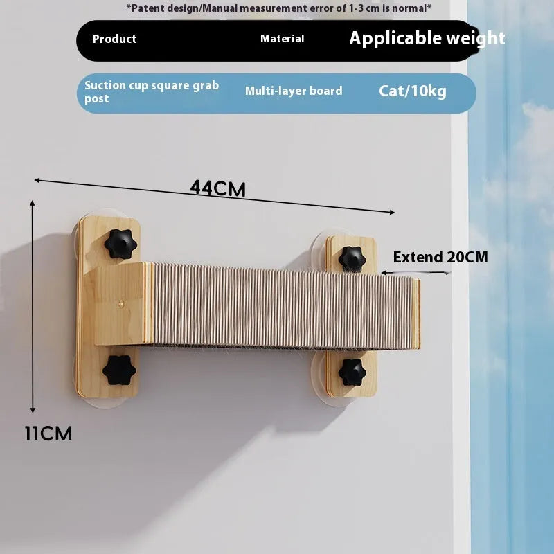 Suspended cat climbing frame with sisal scratching surfaces mounted on wall