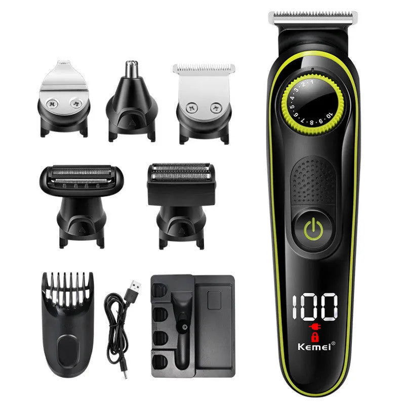 Black KM-696 electric hair clipper kit with stainless steel blade and USB charging cable