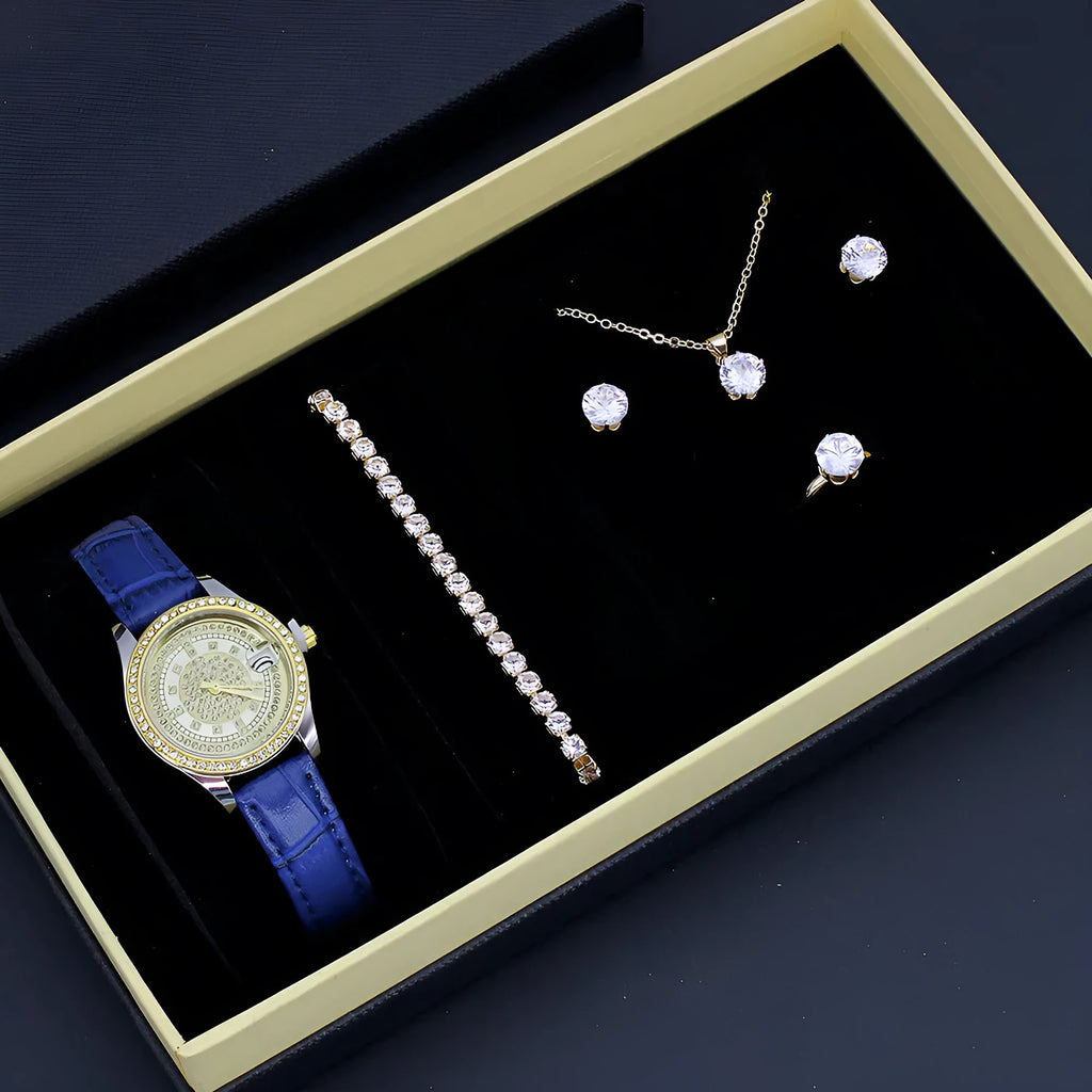 Ladies watch jewellery set gift box with white face white strap watch, bracelet, necklace, stud earrings, and ring