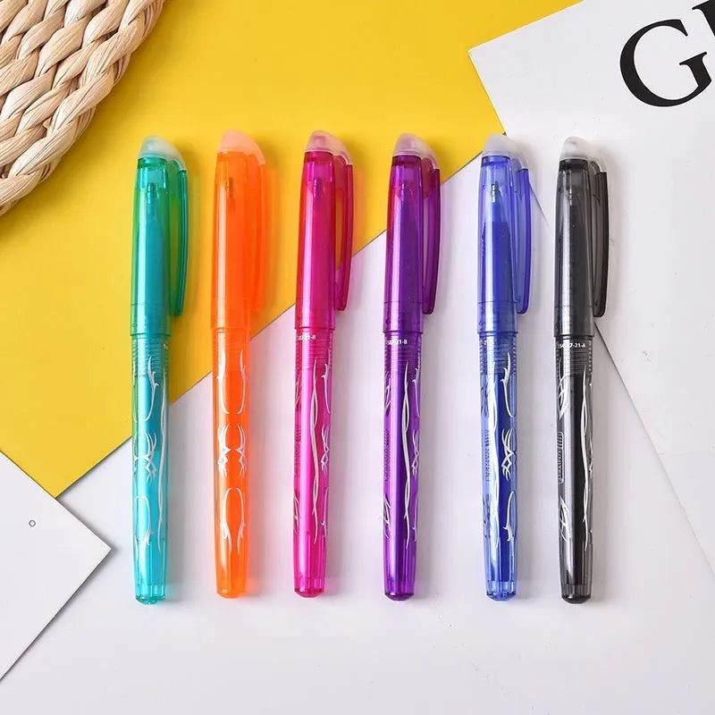 Pack of multi-colour hot erasable gel pens with plastic bodies and stainless steel nibs.