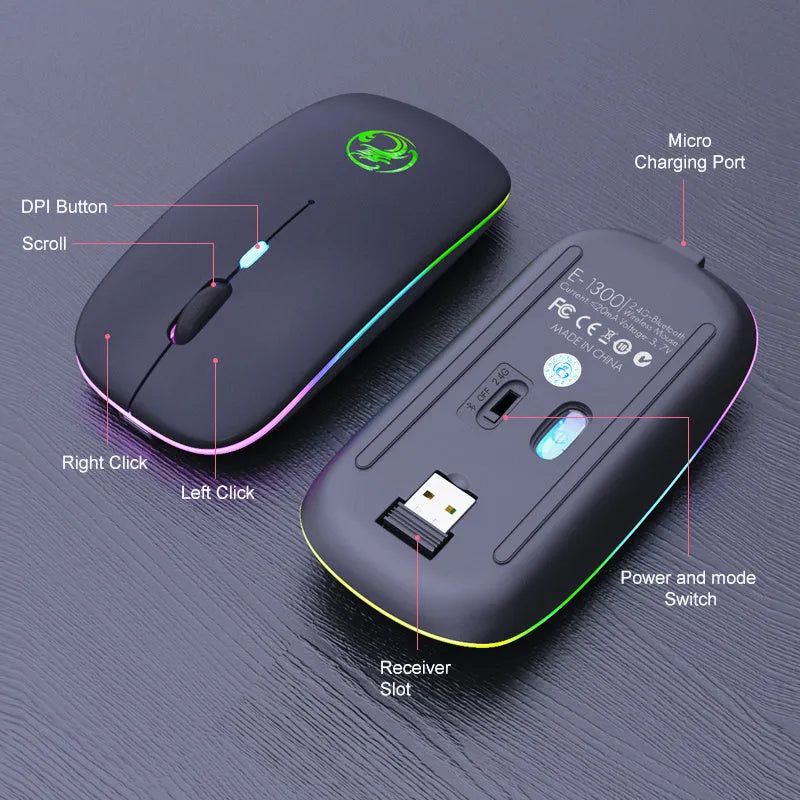 Black or white dual-mode wireless silent mouse with charging cable and adjustable DPI settings