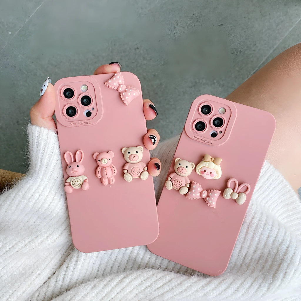 Women's decorative iPhone case with a raised 3D doll bear design in TPU material, shown in Butterfly Bear and Girl Bow colours.