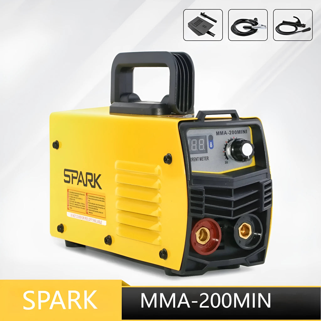 MMA-200MIN 220V DC welding machine with welding tongs, grounding clamp, face shield, and brush hanger accessories