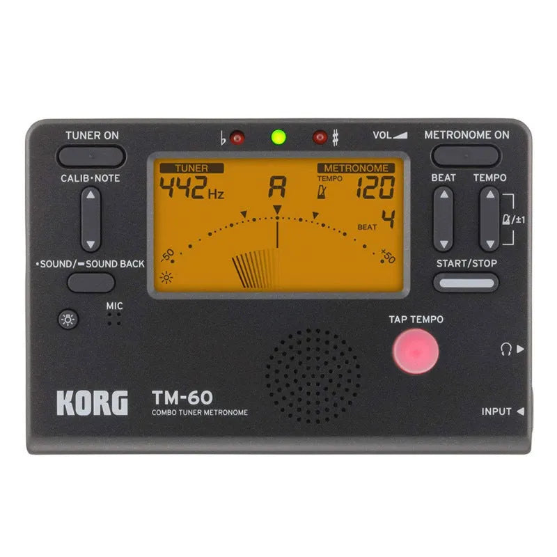 Black and silver digital metronome tuner with plastic shell and TAP TEMPO button for piano and guitar practice