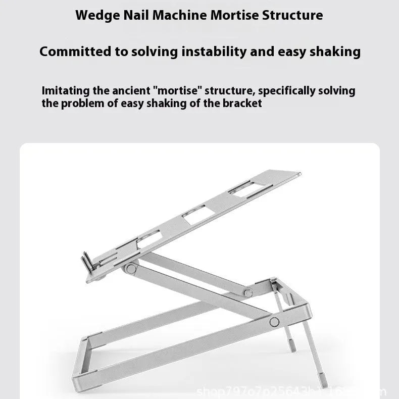 Silver aluminium alloy folding laptop cooling rack on a wooden desk.