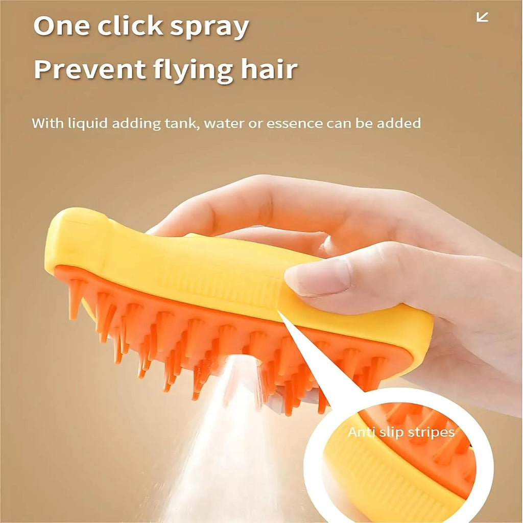 Green rechargeable cat steam brush with cat paw design showing detangling teeth and massage functions