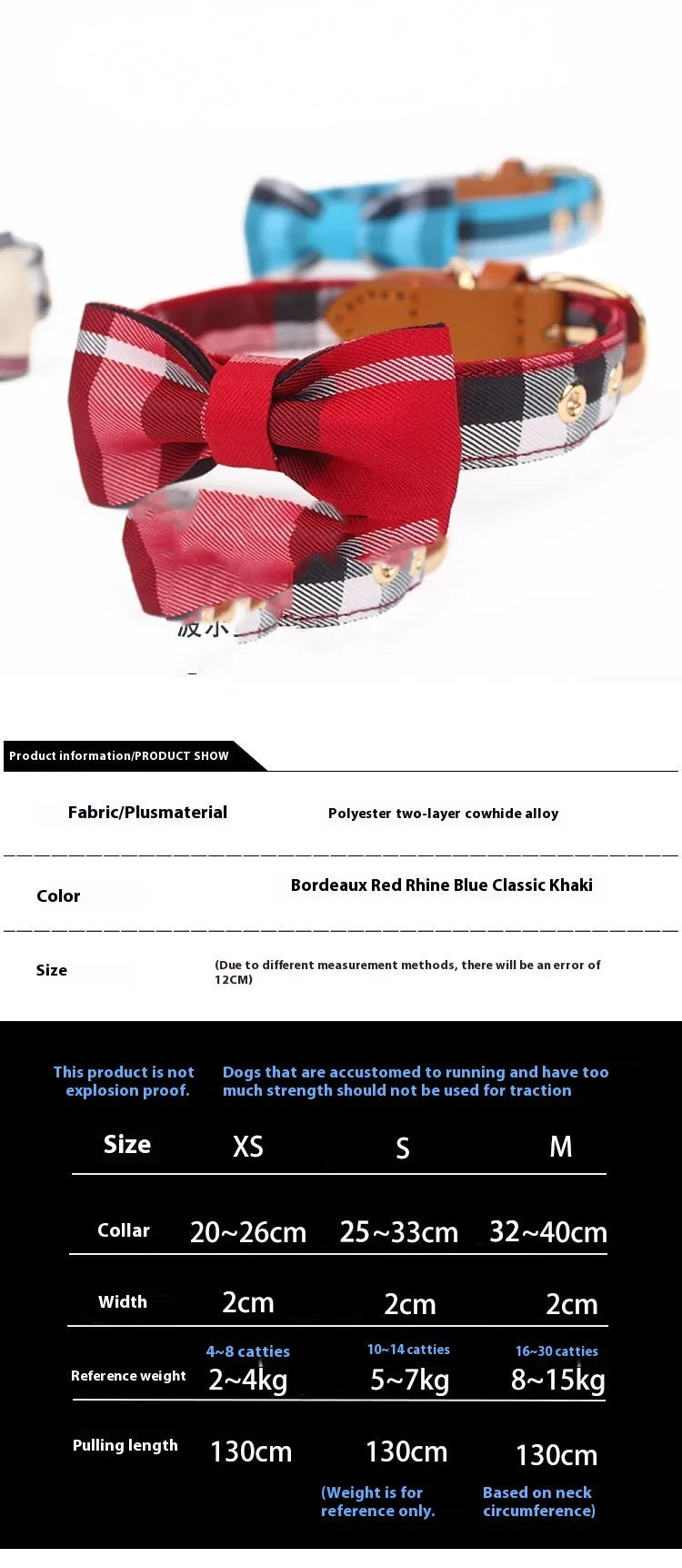 Pet tie collar with drawable mesh bow and leather stitching in Classic Khaki, Bordeaux Red or Rhine Blue, sizes XS M S