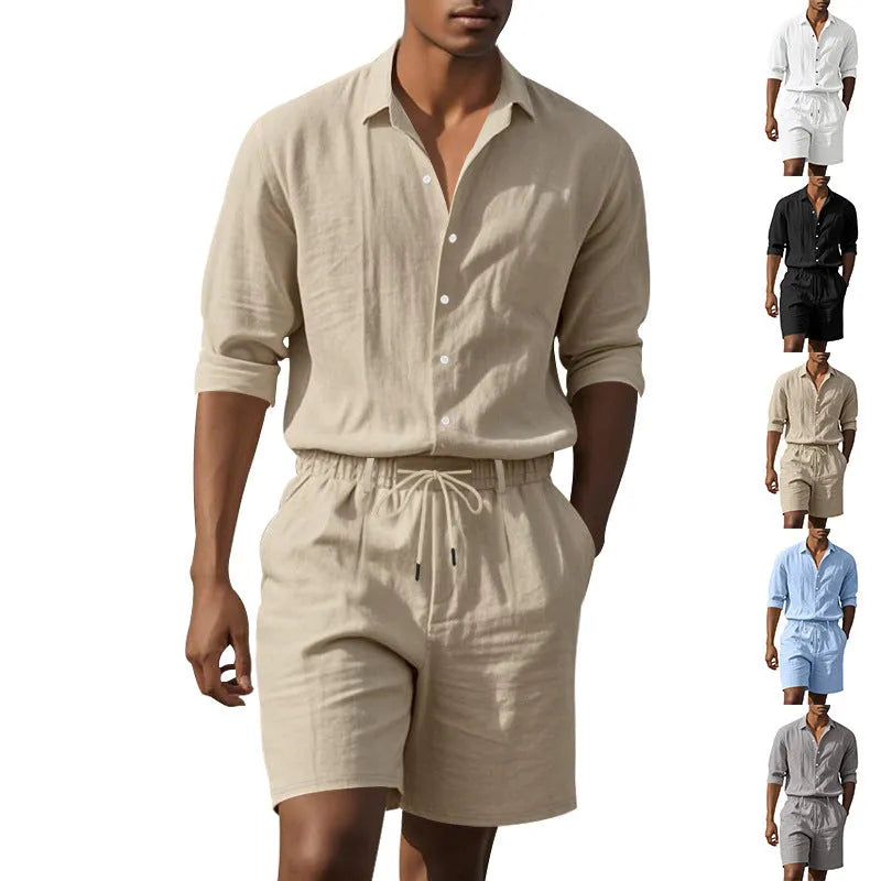 Men's linen long-sleeve shirt and shorts beach suit set on a hanger.