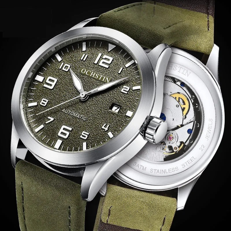Men's automatic mechanical watch with black shell and business retro design showing 12mm thickness