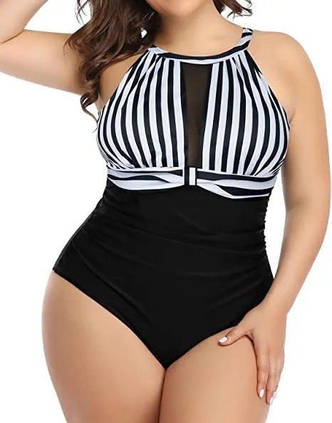 Women's black lace one-piece swimsuit on a hanger, with red floral and stripe pattern options shown.
