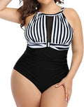 Women's black lace one-piece swimsuit on a hanger, with red floral and stripe pattern options shown.