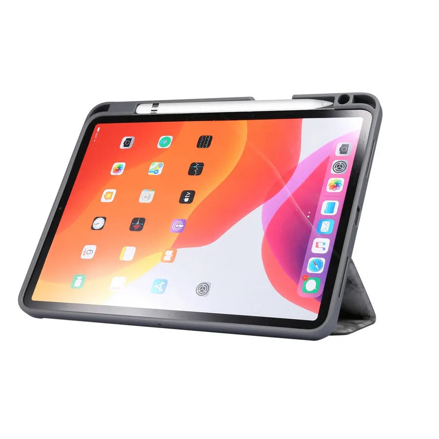 Tri-fold marbling pattern iPad leather case in dark grey with a visible stylus pen slot.