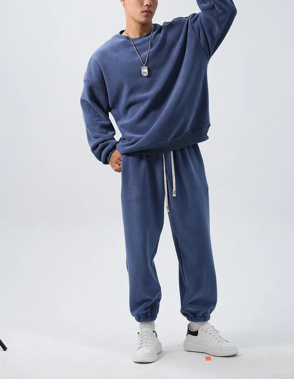 Men's polar fleece winter sports suit with crew neck coat and matching padded trousers in multiple colour options